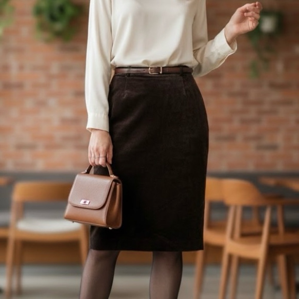 ALFRED SUNG Vintage Chocolate Brown Velvet Pencil Skirt High Waist Preppy Y2K